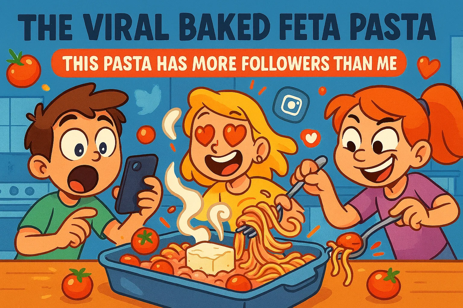 The Viral Baked Feta Pasta illustrated in a funny cartoon style with melting feta cheese, roasted tomatoes, and excited characters filming and tasting the viral pasta dish